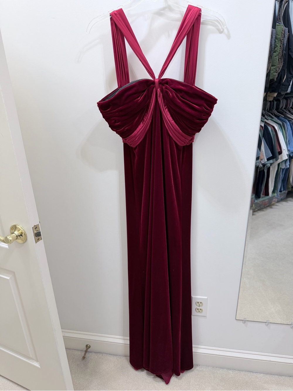 Tadashi Collection-Elegant Red Velvet Maxi Dress with Draped Bodice Size XS